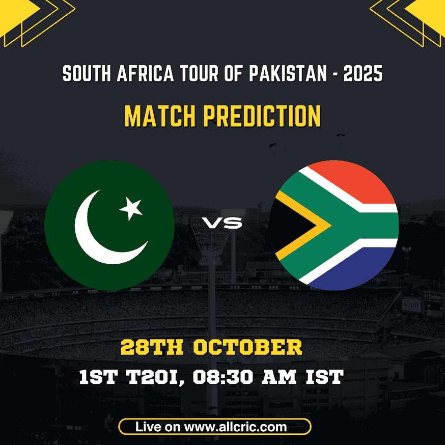 Pakistan vs South Africa 1st T20I Match Prediction graphic for the South Africa Tour of Pakistan 2025 showing Pakistan and South Africa flags, match date 28th October and venue Rawalpindi — Today Match Prediction.