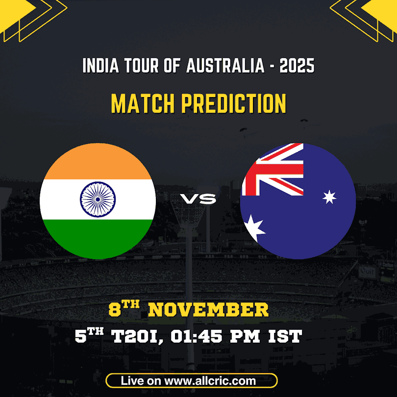 India vs Australia 5th T20I 2025 match poster featuring both team flags, date, time, and venue details during the India tour of Australia. Designed for ind vs aus today match prediction, ind vs aus match prediction, and fantasy cricket insights.