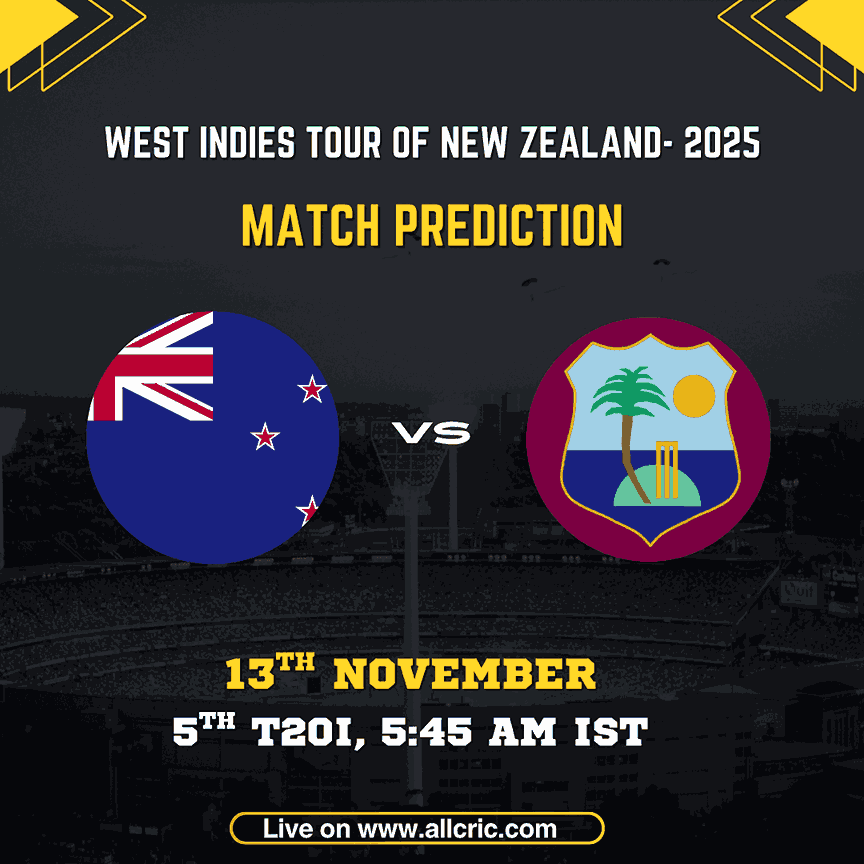 NZ vs WI 5th T20I 2025 match poster featuring New Zealand and West Indies team logos with match details — 13th November 2025, 5:45 AM IST, University Oval, Dunedin. Perfect for nz vs wi dream11 prediction today match , nz vs wi today match prediction, new zealand vs west indies prediction, nz vs wi win prediction, and nz vs wi match prediction content.