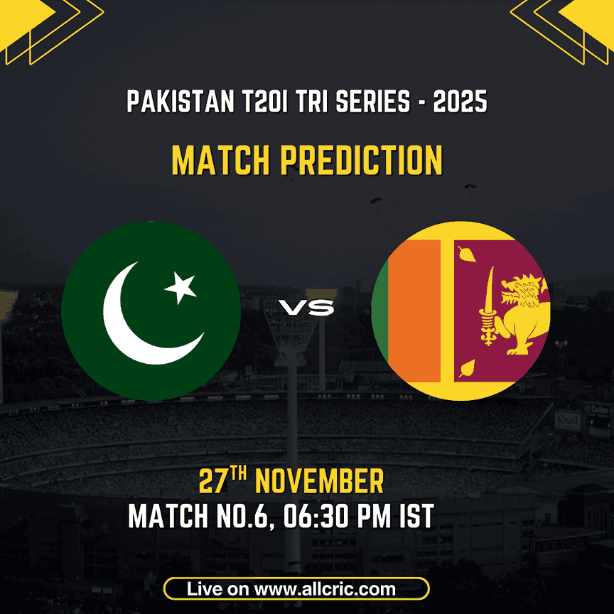 A Pakistan vs Sri Lanka match prediction graphic for the Pakistan T20I Tri Series 2025 featuring national team logos, match date 27th November, and timing 06:30 PM IST with a stadium backdrop. Useful for pak vs sl dream11 prediction today match, pak vs sl today match prediction, pak vs sl match prediction, Pakistan vs Sri Lanka prediction, pak vs sl win prediction, pak vs sl t20 dream11 prediction, and pak vs sl win probability insights.