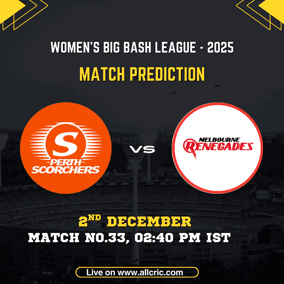 PS-W vs MR-W Match Prediction graphic for WBBL 2025 featuring Perth Scorchers Women vs Melbourne Renegades Women, showing team logos, match date 2nd December, and timing 02:40 PM IST. Ideal for ps w vs mr w dream11 prediction, ps w vs mr w prediction, and ps w vs mr w today match prediction content.