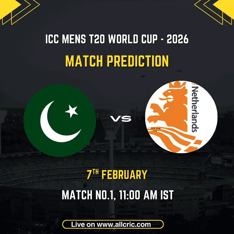 Pakistan vs Netherlands ICC Men's T20 World Cup 2026 Match 1 Group A prediction graphic featuring national flags, match details for February 7th 2026 at 11:00 AM IST at Sinhalese Sports Club Colombo, with Dream11 team analysis and today's match prediction
