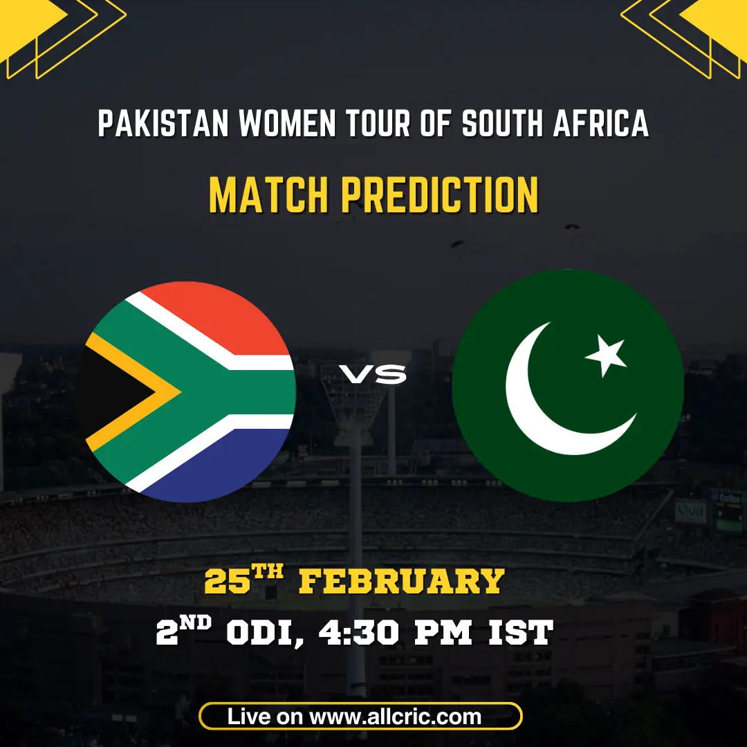 South Africa Women vs Pakistan Women 2nd ODI match prediction graphic featuring national flags, match details for February 25th 2026 at 4:30 PM IST at SuperSport Park Centurion, with Dream11 team analysis and today's match prediction