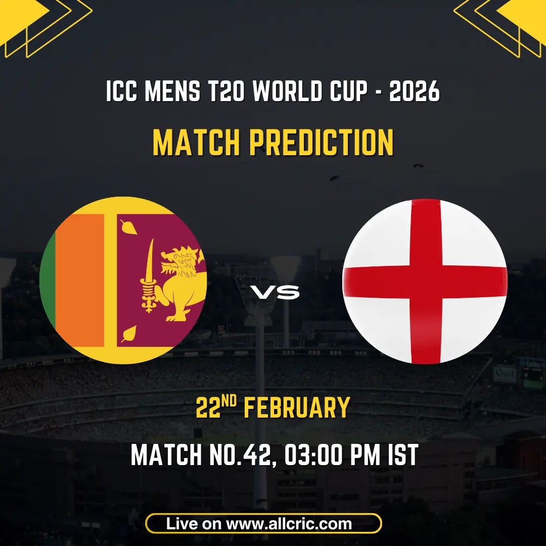 Sri Lanka vs England ICC Men's T20 World Cup 2026 Super 8 Group 2 Match 42 prediction graphic featuring national flags, match details for February 22nd 2026 at 3:00 PM IST at Pallekele International Cricket Stadium, with Dream11 team analysis and today's match prediction