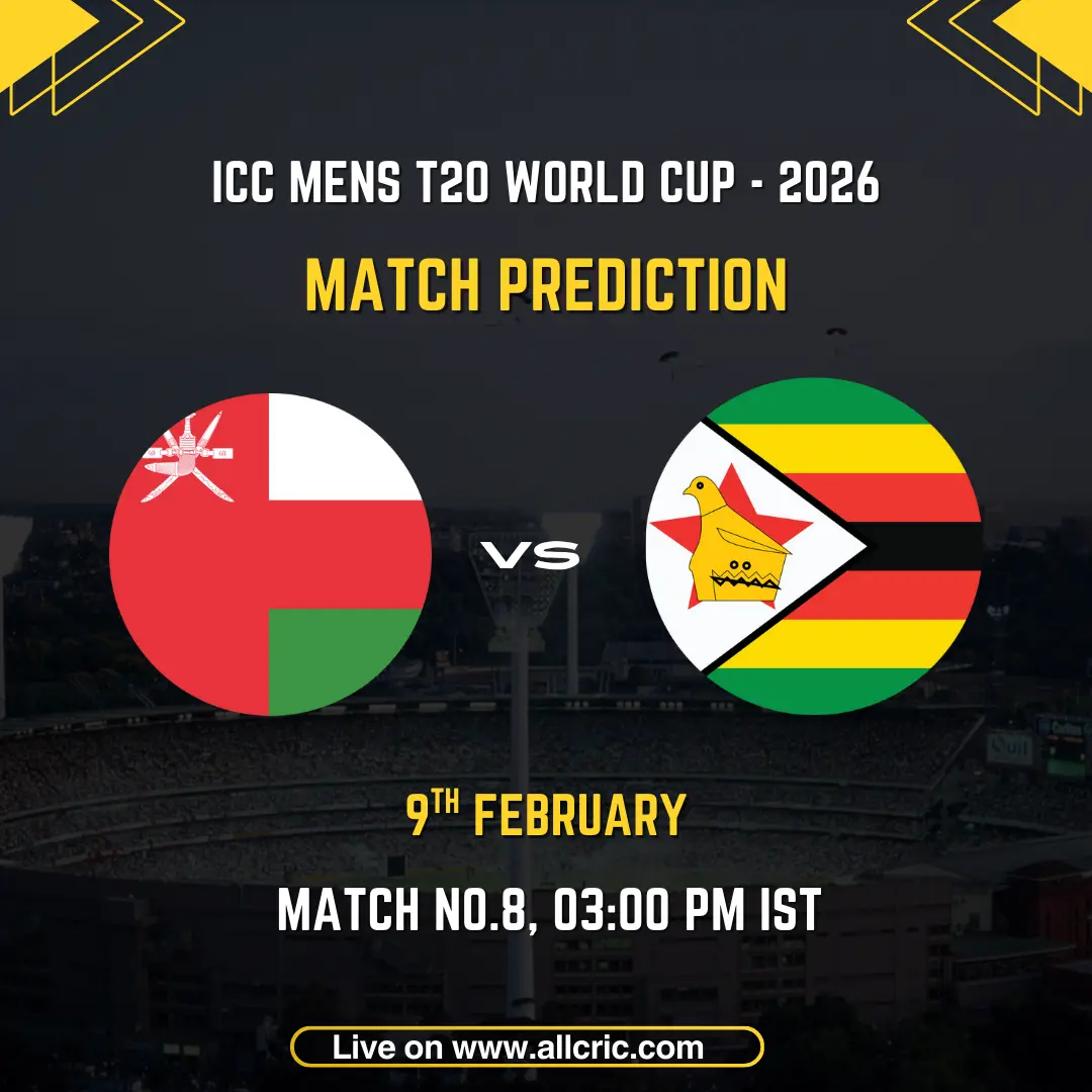 Zimbabwe vs Oman ICC Men's T20 World Cup 2026 match prediction graphic featuring national flags, match details for February 9th 2026 at 3:00 PM IST at Sinhalese Sports Club Ground Colombo, with Dream11 team analysis and today's match prediction