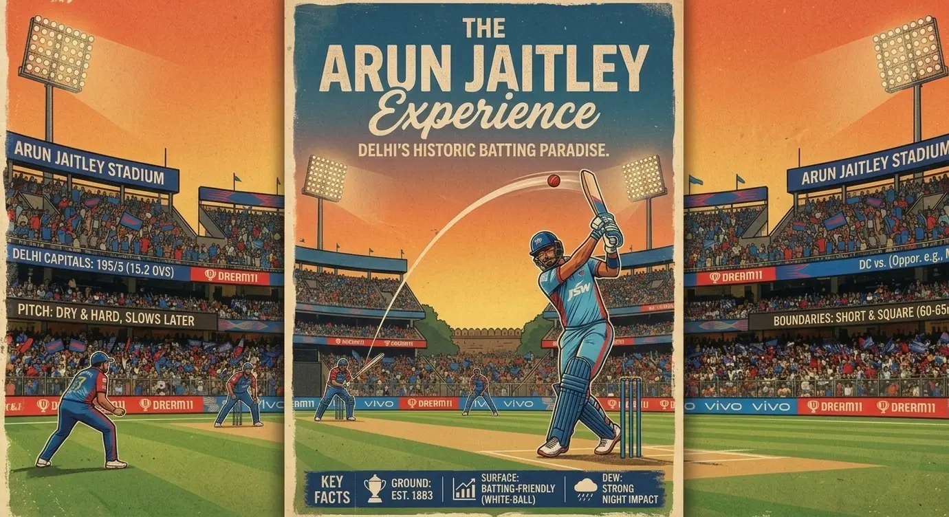 Illustration of Arun Jaitley Stadium in Delhi showing a batsman playing an attacking shot in a packed stadium, highlighting a batting-friendly pitch, short boundaries, and high-scoring match conditions.