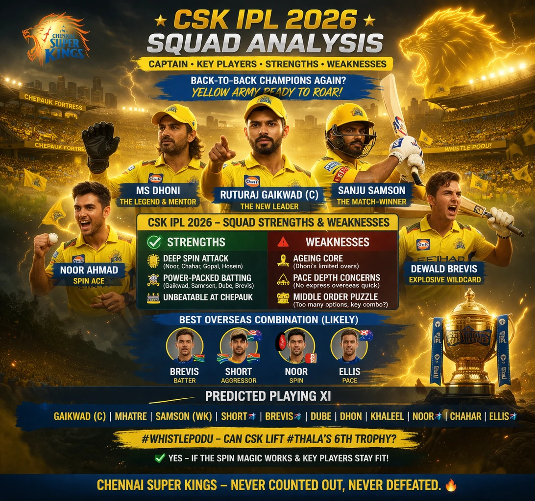 CSK IPL 2026 squad analysis infographic with Ruturaj Gaikwad, MS Dhoni, Sanju Samson, key players, strengths and weaknesses