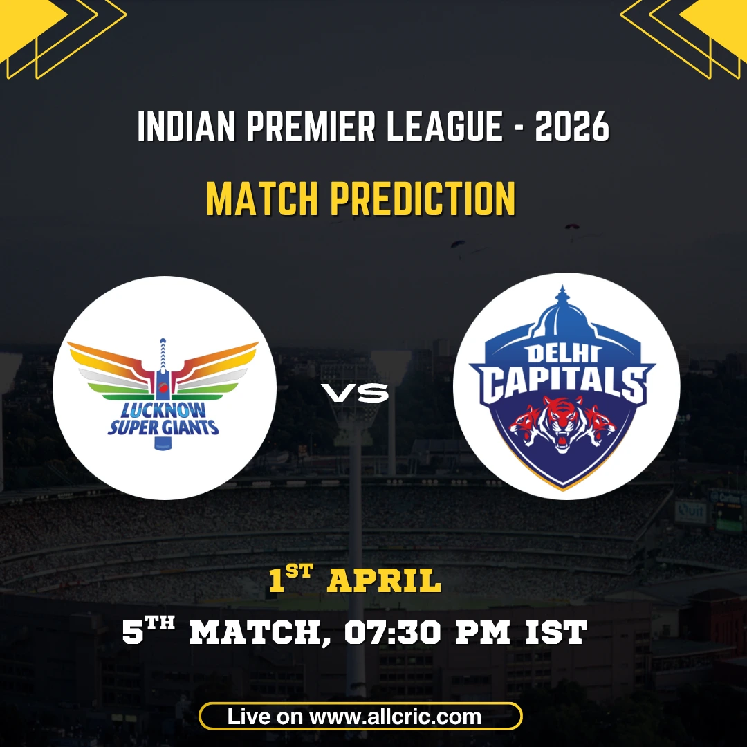 IPL 2026 match prediction card for Lucknow Super Giants vs Delhi Capitals, 5th Match. The Lucknow Super Giants wingspan logo and Delhi Capitals blue shield with tiger crest displayed in circular frames on either side of a "VS" marker against a dark stadium backdrop. Match details read: 5th Match, 1st April, 07:30 PM IST. Website URL allcric.com shown at the bottom.
