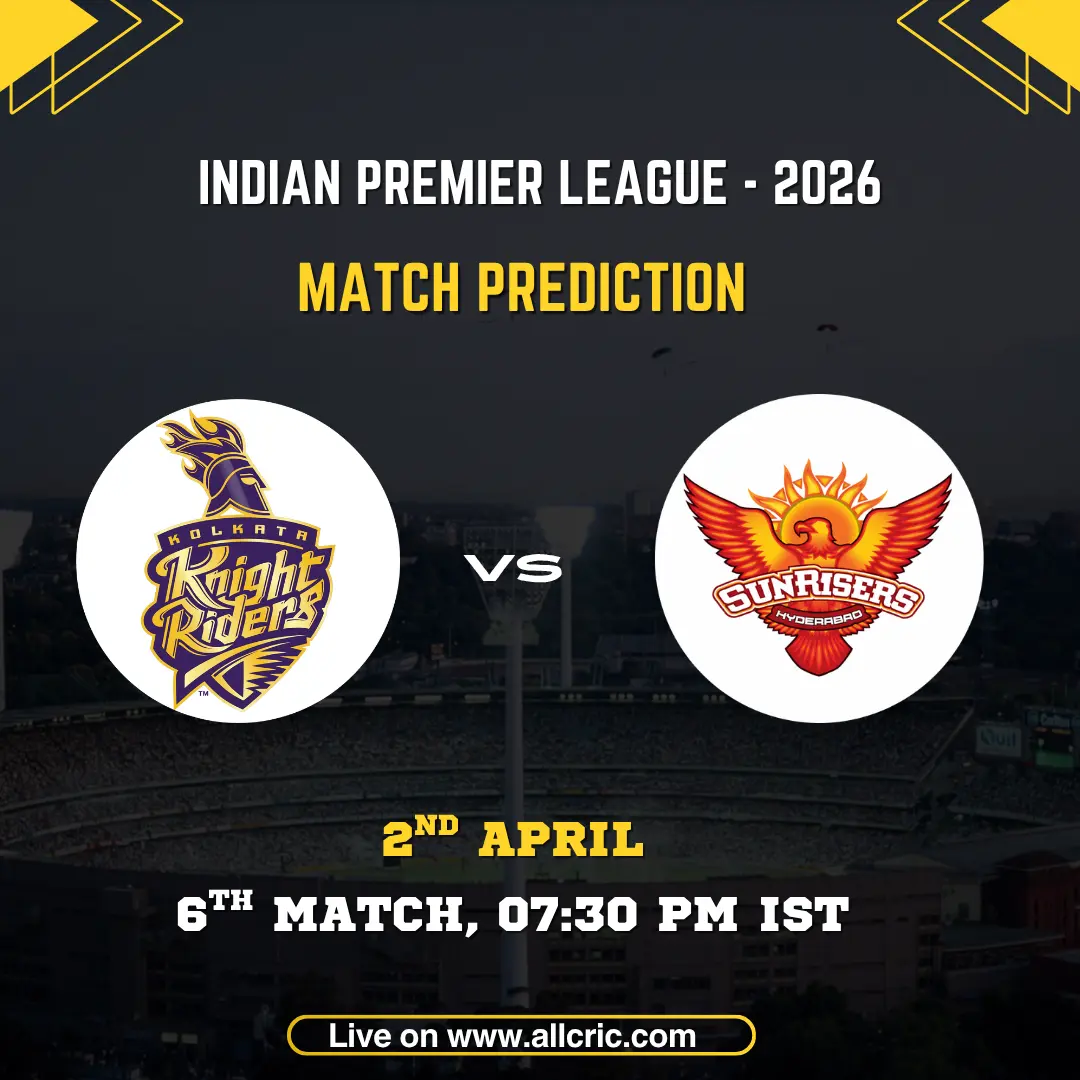 IPL 2026 match prediction card for Kolkata Knight Riders vs Sunrisers Hyderabad, 6th Match. The KKR purple knight helmet crest and SRH orange phoenix logo displayed in circular frames on either side of a "VS" marker against a dark stadium backdrop. Match details read: 6th Match, 2nd April, 07:30 PM IST. Website URL allcric.com shown at the bottom.