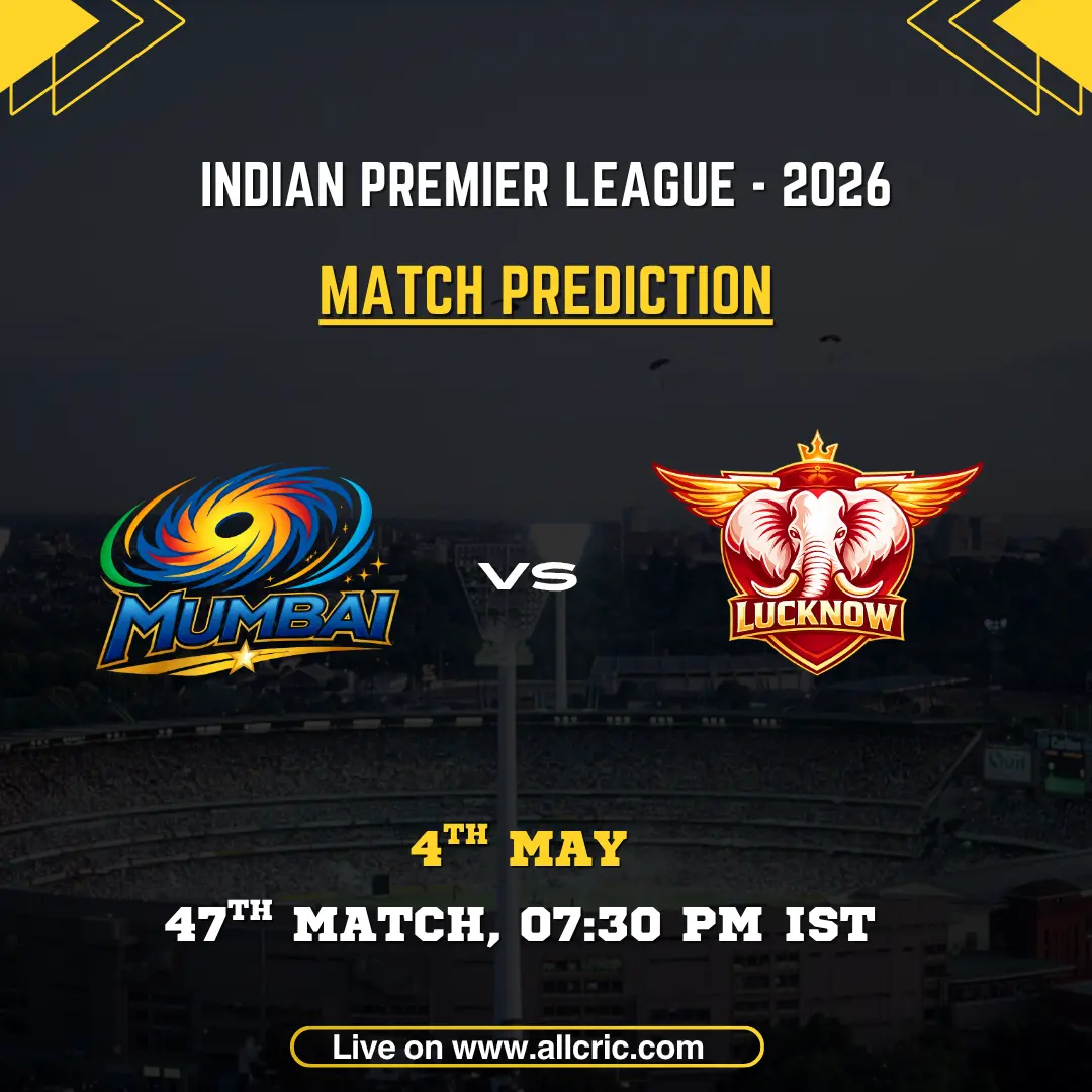 MI vs LSG today match prediction poster for IPL 2026 featuring Mumbai Indians vs Lucknow Super Giants, 47th match on May 4 at 7:30 PM IST, with team logos and match details.