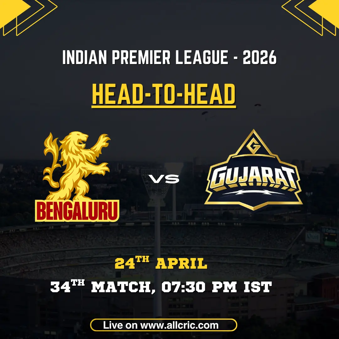 RCB vs GT head to head today IPL 2026 graphic showing Bengaluru vs Gujarat teams with head to head record stats and match details