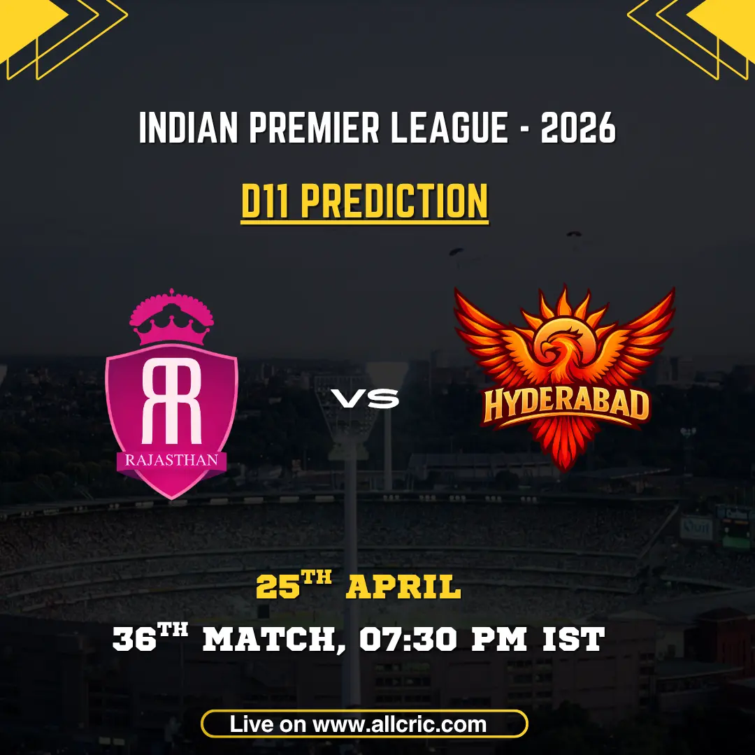 RR vs SRH Dream11 prediction today match IPL 2026 graphic showing Rajasthan Royals vs Sunrisers Hyderabad with Dream11 team prediction and match details April 25