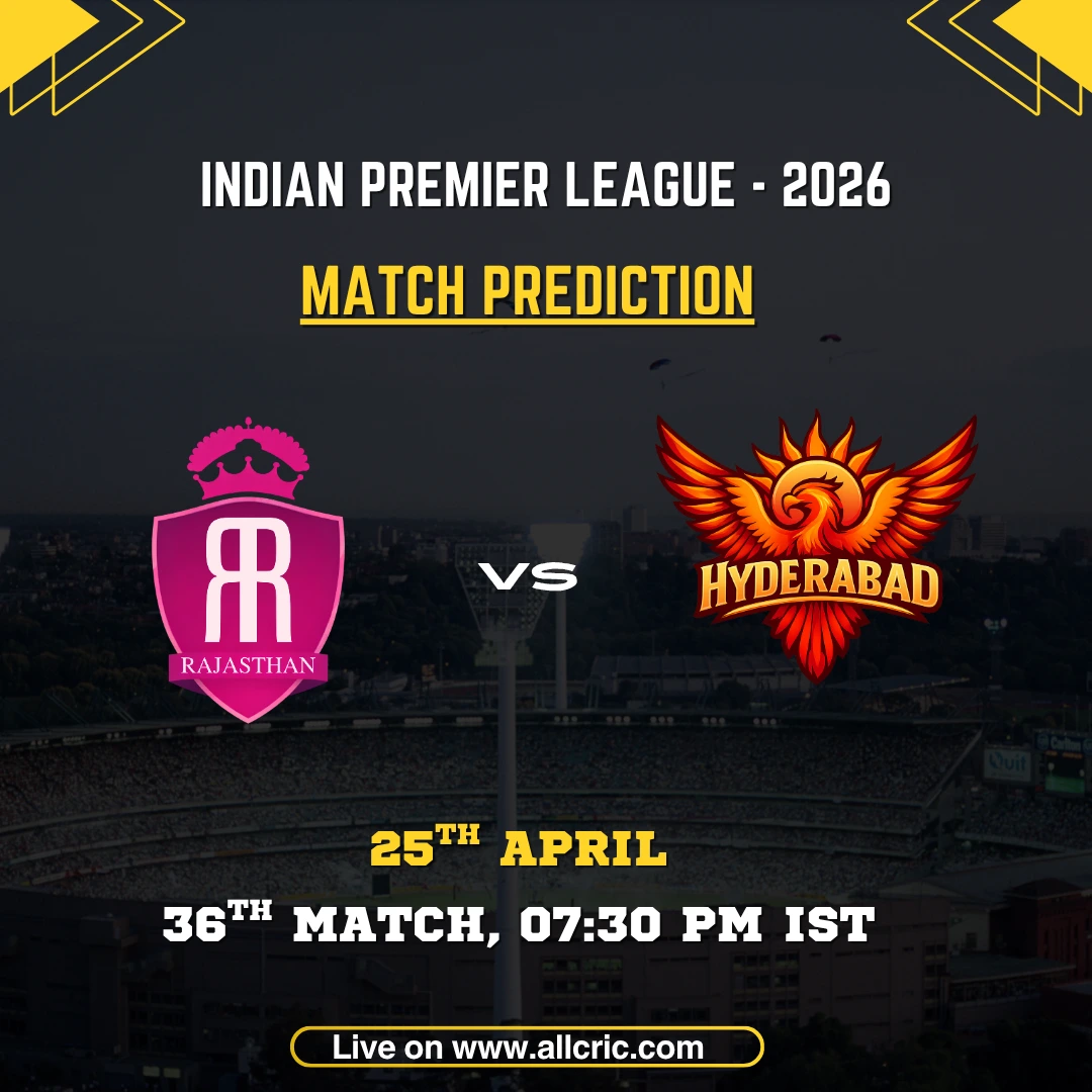 RR vs SRH today match prediction IPL 2026 graphic showing Rajasthan Royals vs Sunrisers Hyderabad with match details April 25 and win prediction
