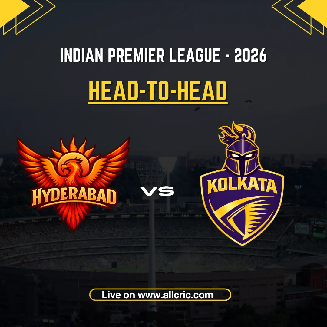 SRH vs KKR head to head today IPL 2026 poster showing Sunrisers Hyderabad vs Kolkata Knight Riders with head to head record comparison and team logos