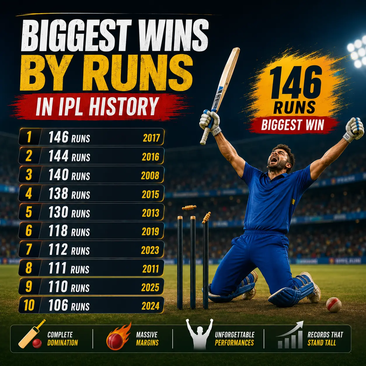 Biggest wins by runs in IPL history graphic showing Mumbai Indians’ record 146-run victory over Delhi Daredevils in 2017.
