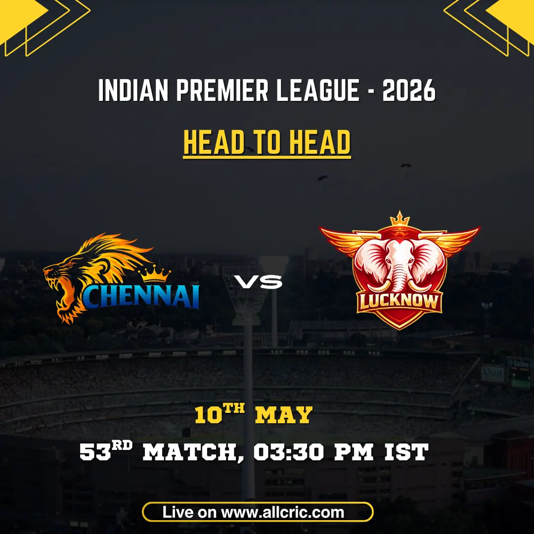 CSK vs LSG head to head today IPL 2026 poster featuring Chennai Super Kings vs Lucknow Super Giants, 53rd match on May 10 at 3:30 PM IST with team logos and match details.