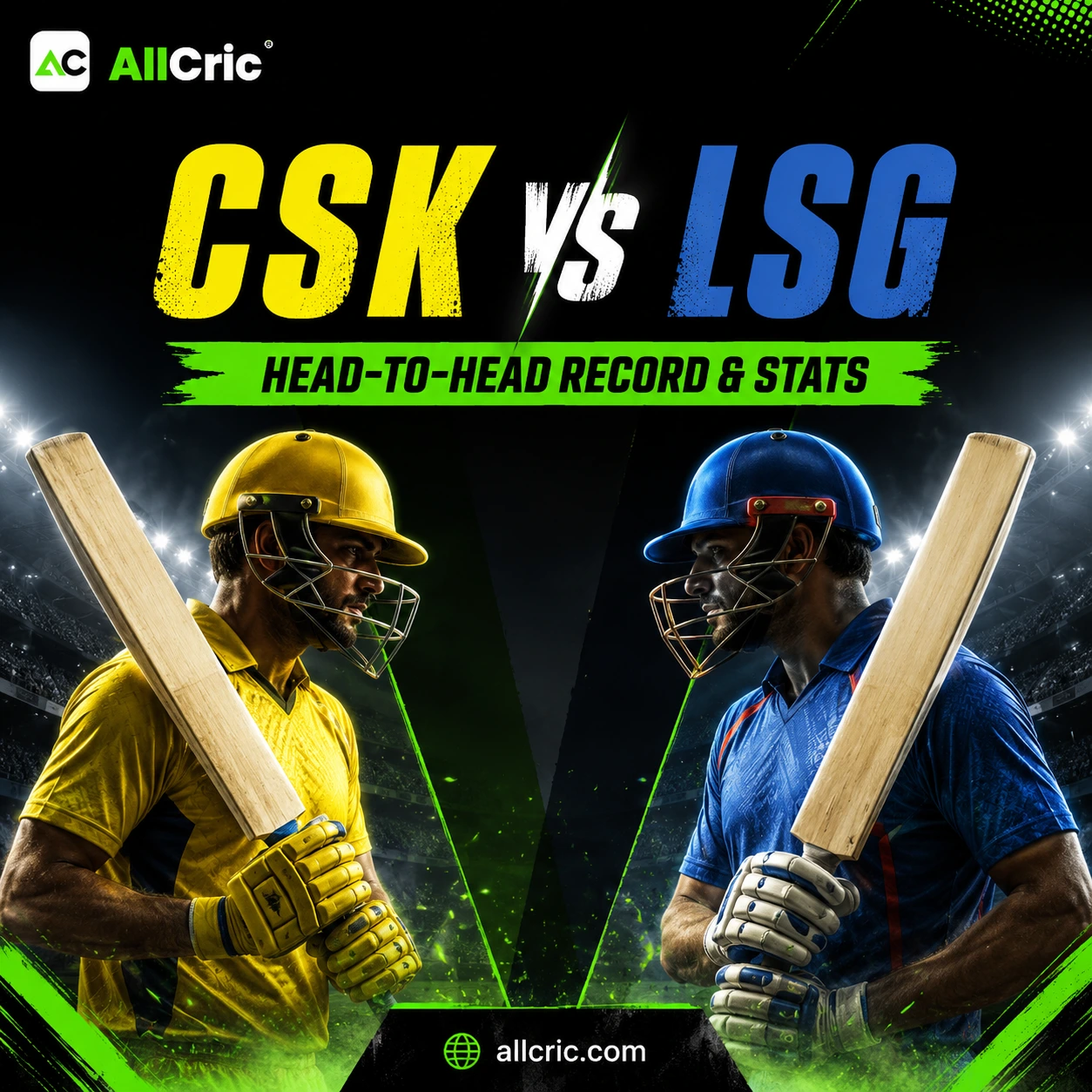 Square AllCric graphic for CSK vs LSG head-to-head record and stats in the IPL, showing two opposing batsmen in yellow and blue kits with bold match-up heading on a dark stadium background.