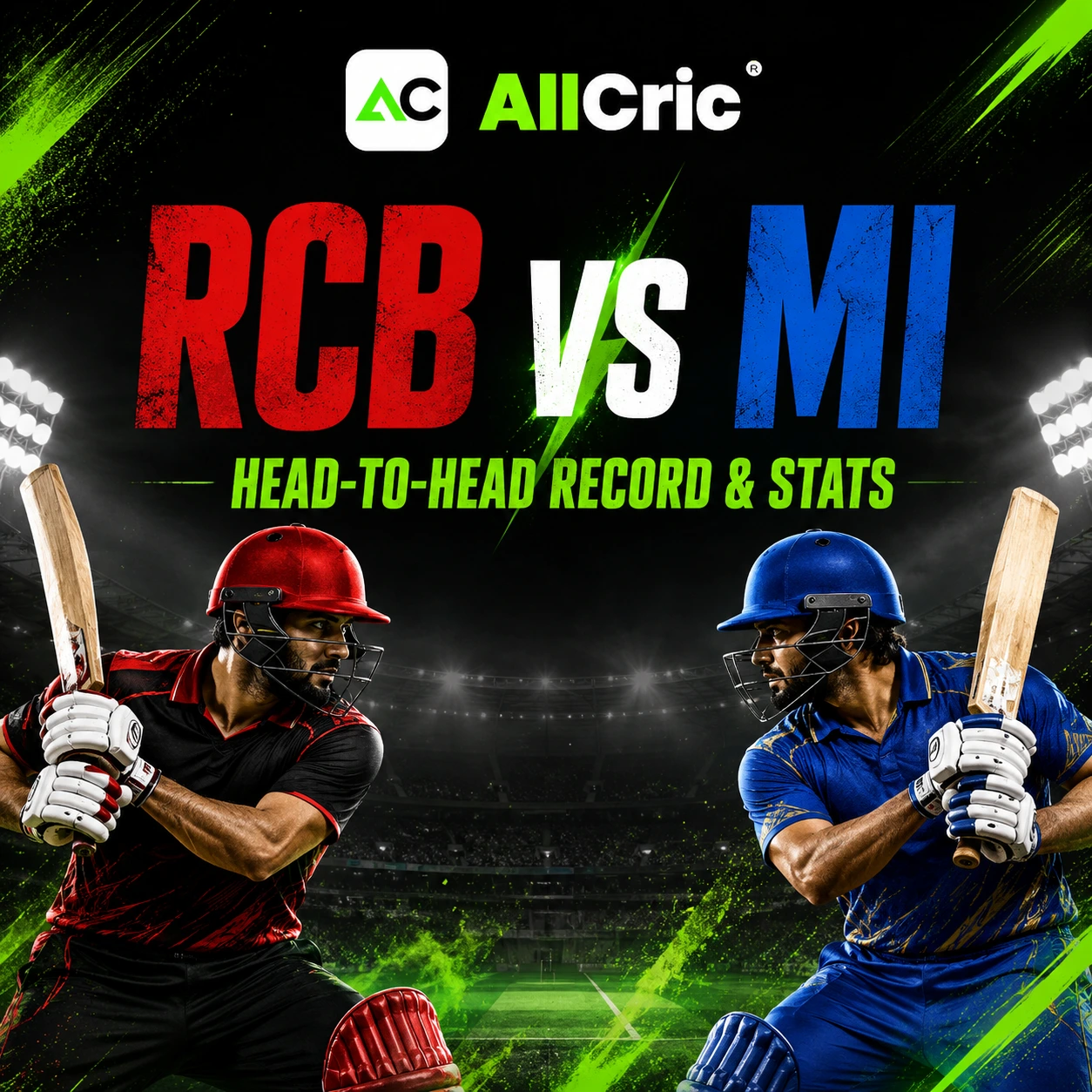 Square AllCric graphic for RCB vs MI head-to-head record and stats in the IPL, featuring two opposing batsmen in red-black and blue kits with bold match-up heading on a stadium background.