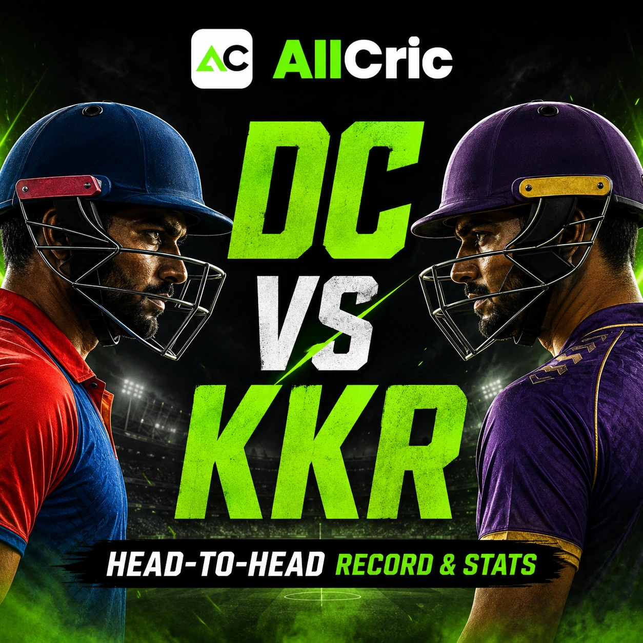 Square AllCric graphic for DC vs KKR head-to-head record and stats in the IPL, featuring two opposing cricketers in red-blue and purple kits with bold match-up text on a dark stadium background.