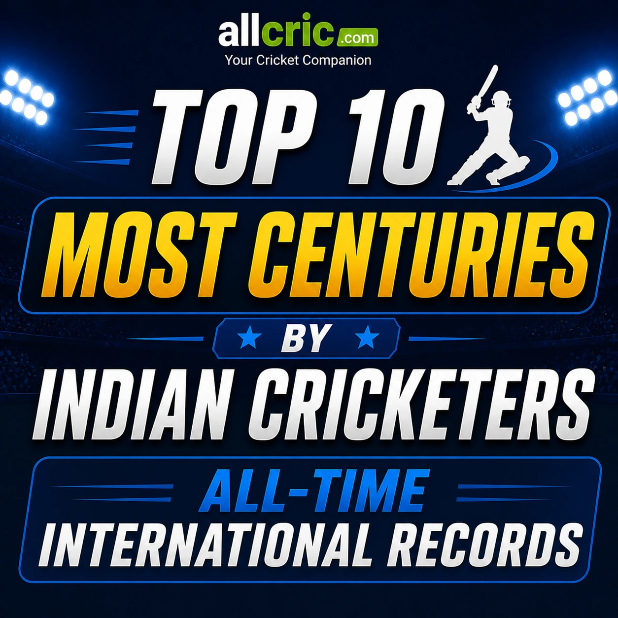 Top 10 most centuries by Indian cricketers infographic showing all time international records with leading players and batting milestones AllCric