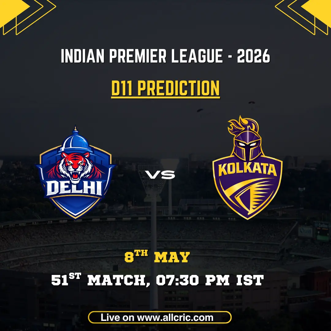 DC vs KKR Dream11 prediction today match IPL 2026 poster featuring Delhi Capitals vs Kolkata Knight Riders, D11 prediction, 51st match on May 8 at 7:30 PM IST with team logos and match details.