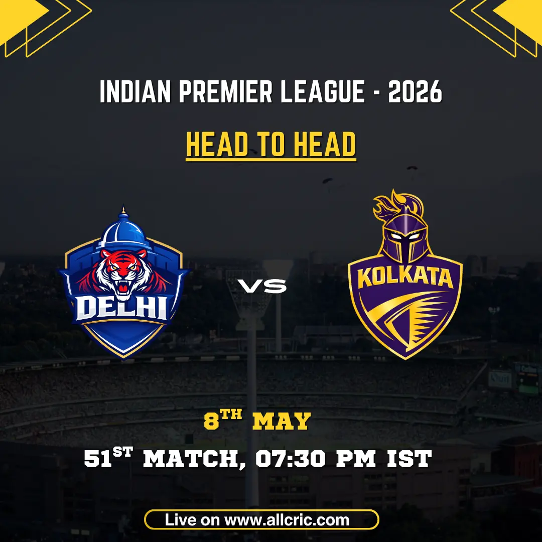 DC vs KKR head to head today IPL 2026 poster featuring Delhi Capitals vs Kolkata Knight Riders, 51st match on May 8 at 7:30 PM IST with team logos and match details.