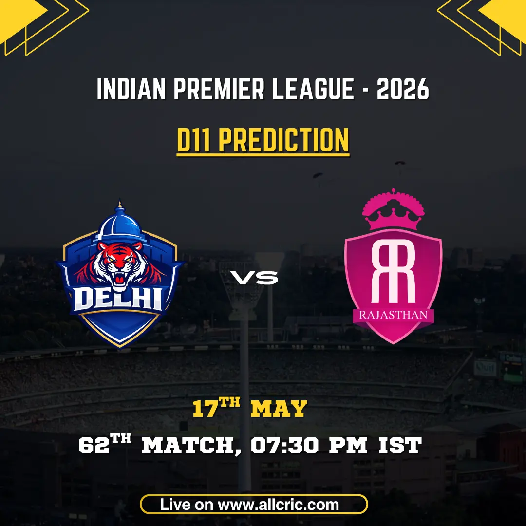 DC vs RR Dream11 prediction today match IPL 2026 poster featuring Delhi Capitals vs Rajasthan Royals, D11 prediction, 62nd match on May 17 at 7:30 PM IST.