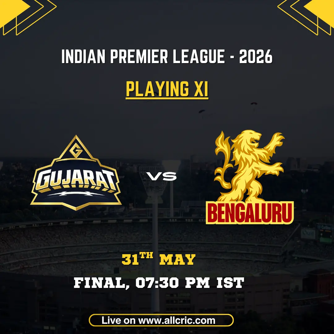 GT vs RCB playing 11 today IPL 2026 Final poster featuring Gujarat Titans vs Royal Challengers Bengaluru at Narendra Modi Stadium on May 31 at 7:30 PM IST.