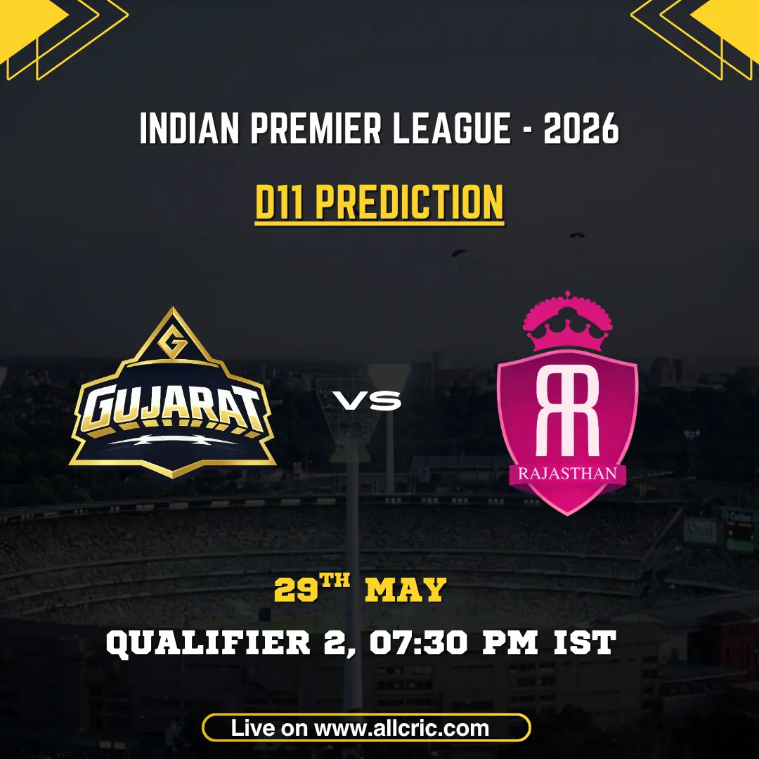 GT vs RR Dream11 prediction today match IPL 2026 Qualifier 2 poster featuring Gujarat Titans vs Rajasthan Royals on May 29 at 7:30 PM IST.
