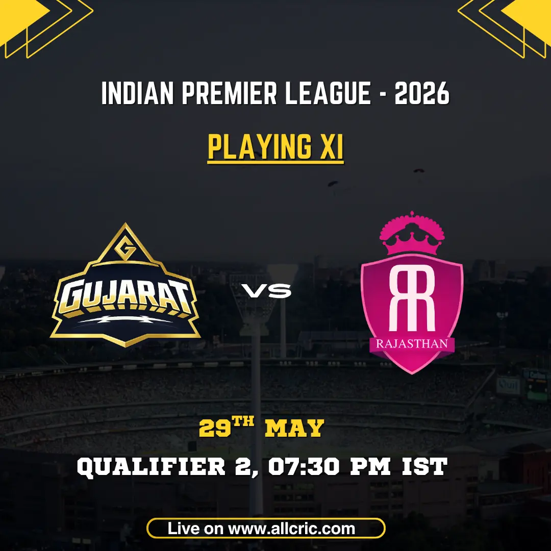 GT vs RR playing 11 today IPL 2026 Qualifier 2 poster featuring Gujarat Titans vs Rajasthan Royals on May 29 at 7:30 PM IST.