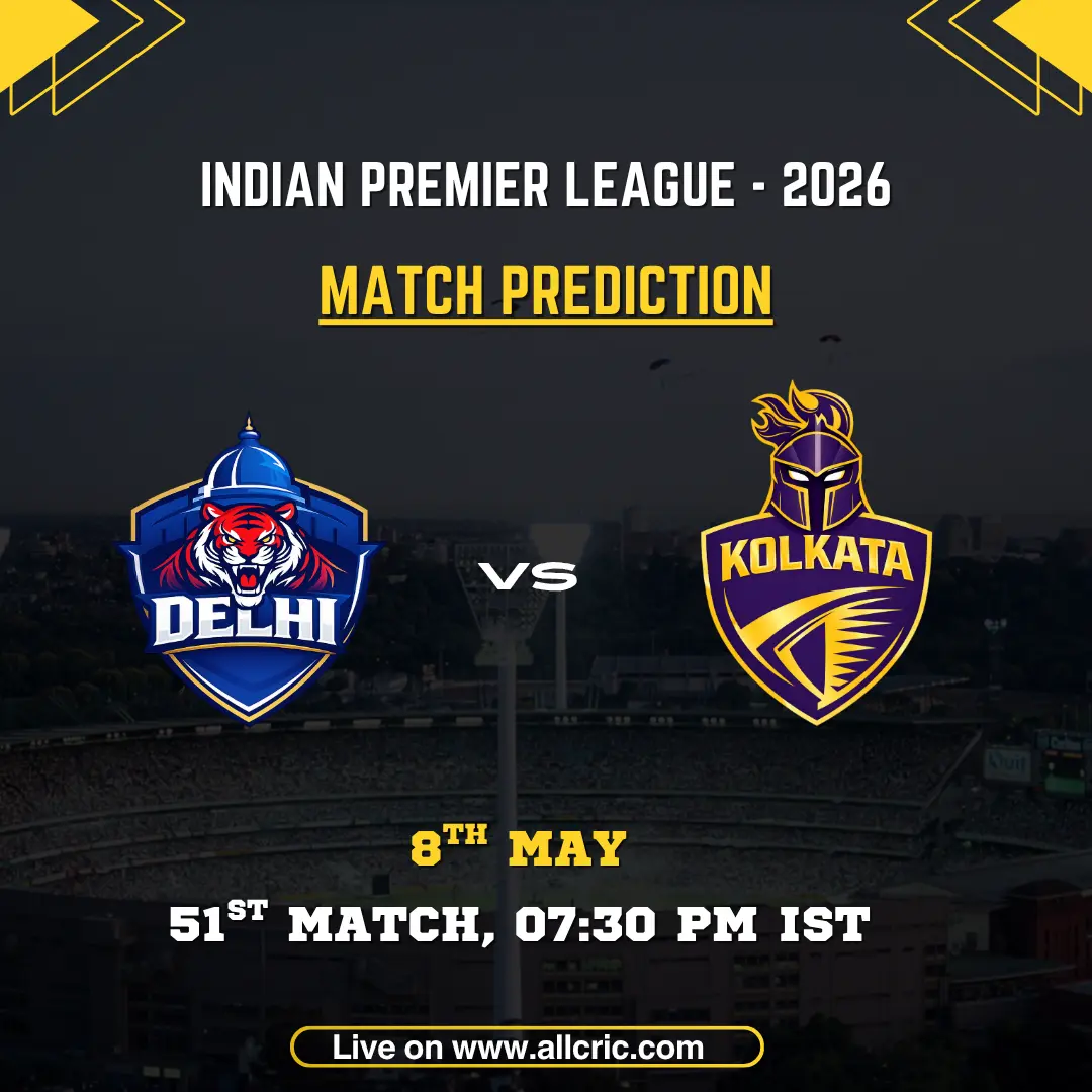 DC vs KKR today match prediction IPL 2026 poster featuring Delhi Capitals vs Kolkata Knight Riders, 51st match on May 8 at 7:30 PM IST with team logos and match details.