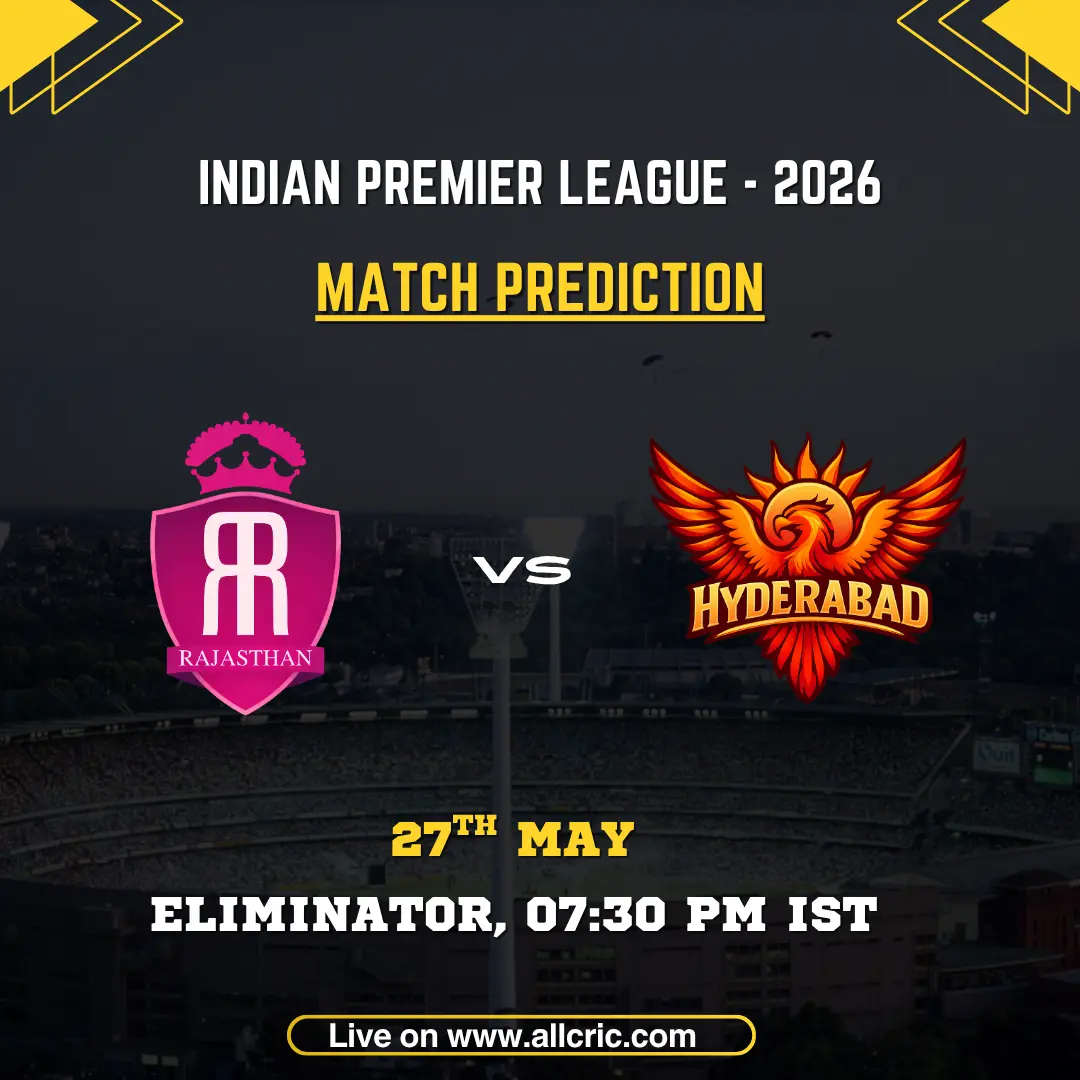 RR vs SRH today match prediction IPL 2026 Eliminator poster featuring Rajasthan Royals vs Sunrisers Hyderabad on May 27 at 7:30 PM IST.