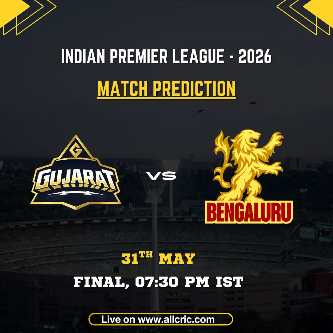 GT vs RCB today match prediction IPL 2026 Final poster featuring Gujarat Titans vs Royal Challengers Bengaluru on May 31 at 7:30 PM IST.