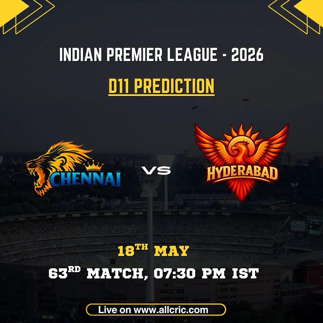 CSK vs SRH Dream11 prediction today match IPL 2026 poster featuring Chennai Super Kings vs Sunrisers Hyderabad, D11 prediction, 63rd match on May 18 at 7:30 PM IST.