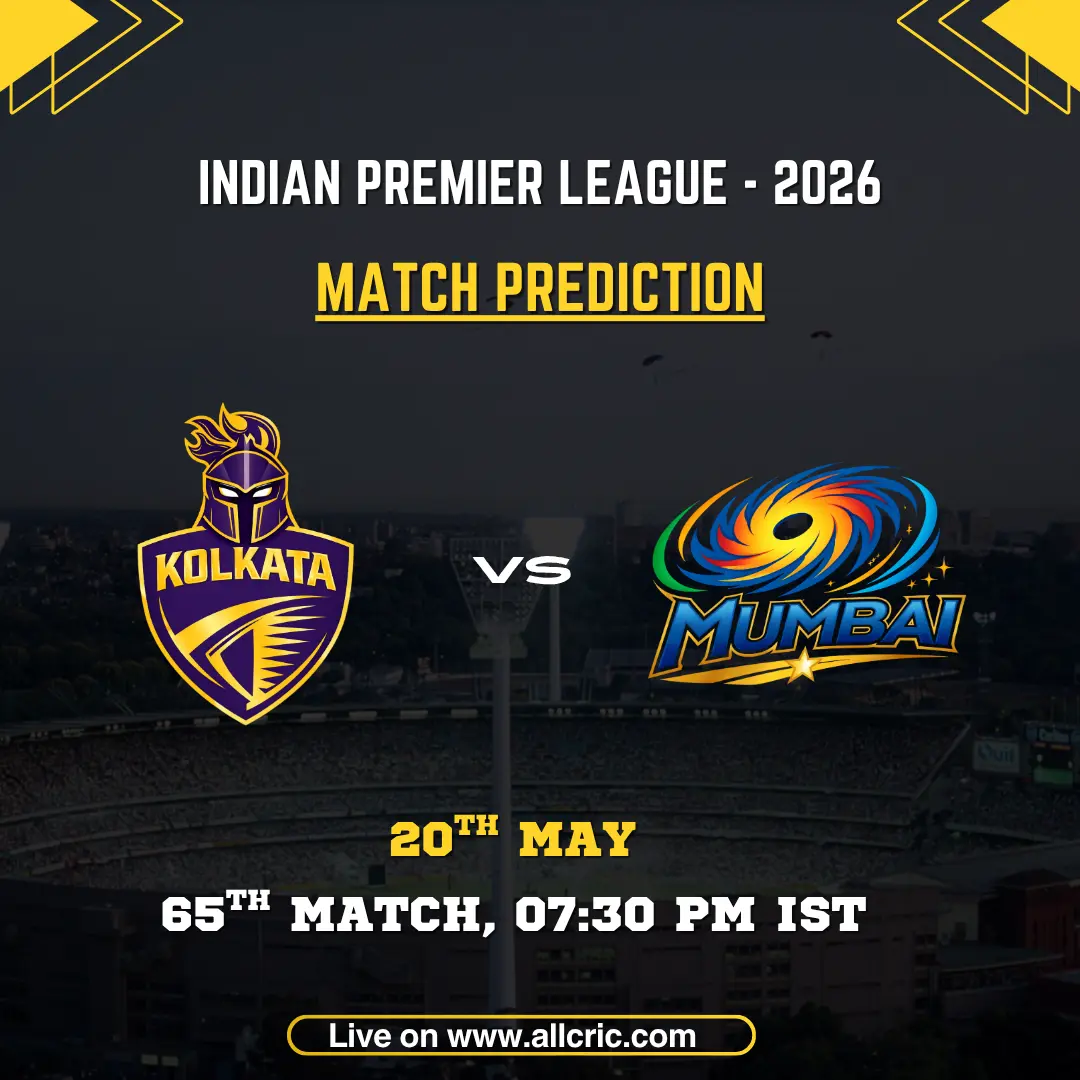 KKR vs MI today match prediction IPL 2026 poster featuring Kolkata Knight Riders vs Mumbai Indians, 65th match on May 20 at 7:30 PM IST.