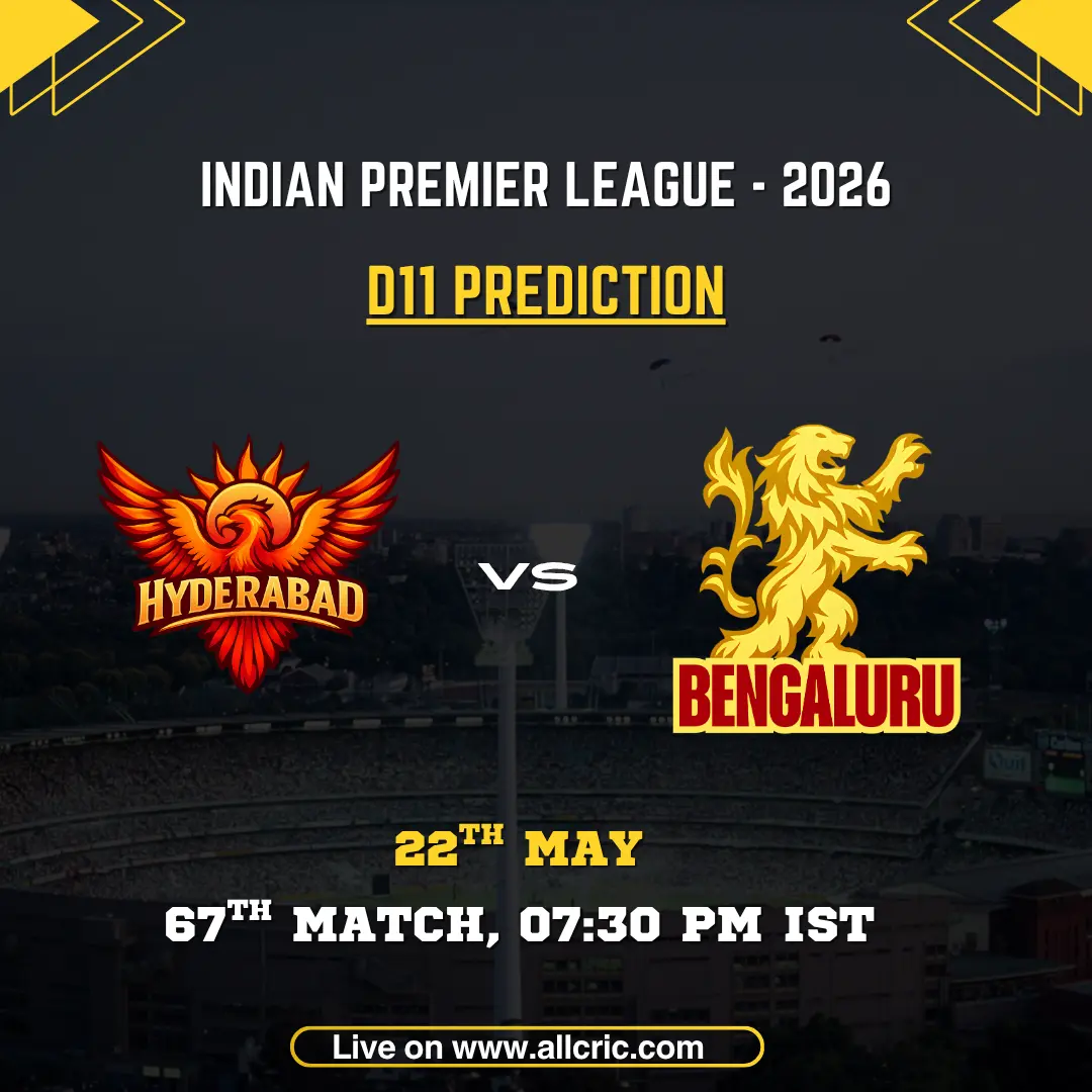 SRH vs RCB Dream11 prediction today match IPL 2026 poster featuring Sunrisers Hyderabad vs Royal Challengers Bengaluru, D11 prediction, 67th match on May 22 at 7:30 PM IST.