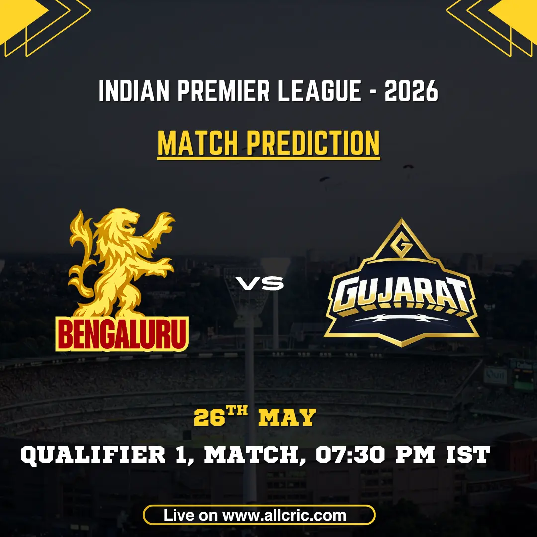 RCB vs GT today match prediction IPL 2026 Qualifier 1 poster featuring Royal Challengers Bengaluru vs Gujarat Titans on May 26 at 7:30 PM IST.