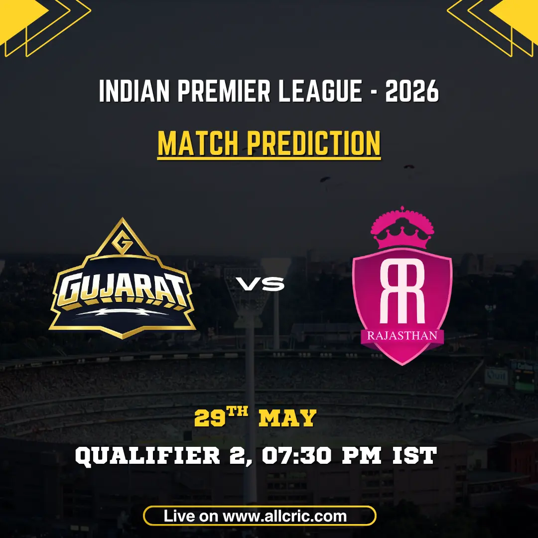 GT vs RR today match prediction IPL 2026 Qualifier 2 poster featuring Gujarat Titans vs Rajasthan Royals on May 29 at 7:30 PM IST.