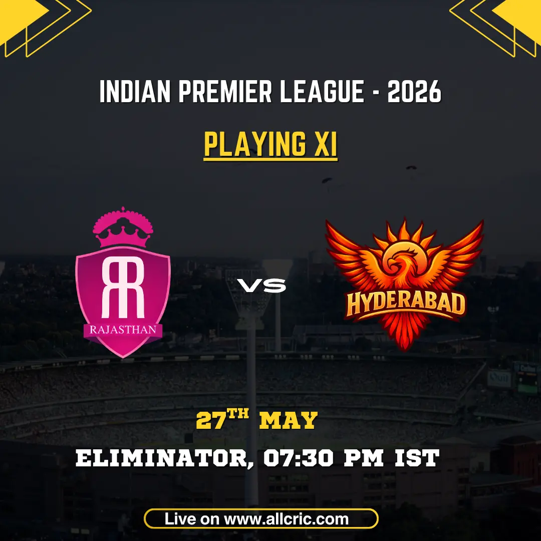 RR vs SRH playing 11 today IPL 2026 Eliminator poster featuring Rajasthan Royals vs Sunrisers Hyderabad on May 27 at 7:30 PM IST.