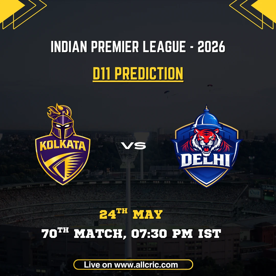 KKR vs DC Dream11 prediction today match IPL 2026 poster featuring Kolkata Knight Riders vs Delhi Capitals, D11 prediction, 70th match on May 24 at 7:30 PM IST.