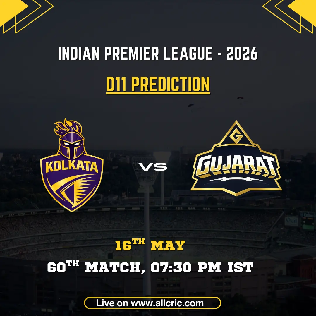 KKR vs GT Dream11 prediction today match IPL 2026 poster featuring Kolkata Knight Riders vs Gujarat Titans, D11 prediction, 60th match on May 16 at 7:30 PM IST.