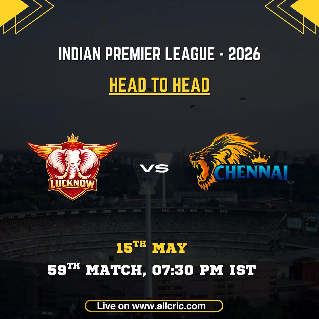 LSG vs CSK head to head today IPL 2026 poster featuring Lucknow Super Giants vs Chennai Super Kings, 59th match on May 15 at 7:30 PM IST with team logos.