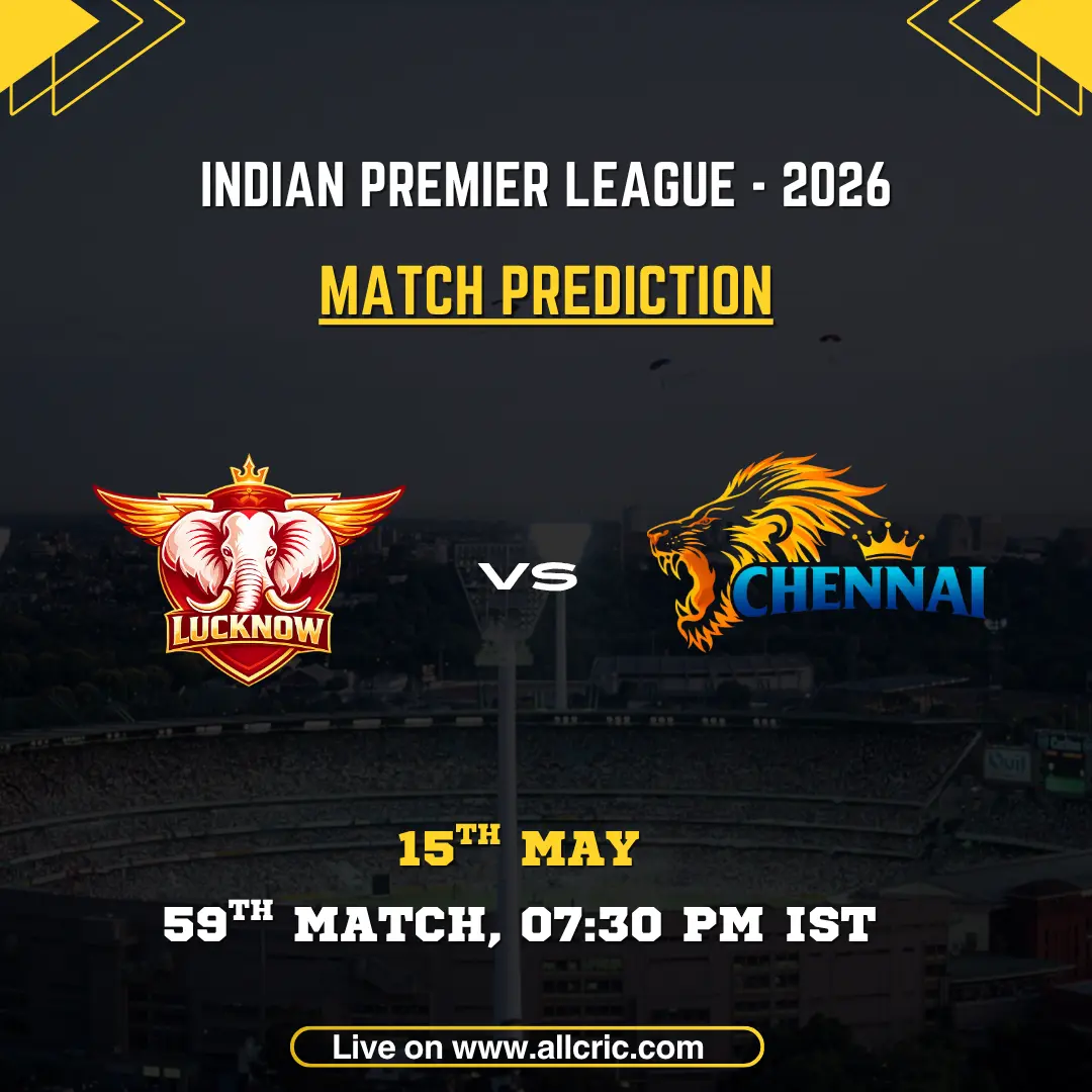 LSG vs CSK today match prediction IPL 2026 poster featuring Lucknow Super Giants vs Chennai Super Kings, 59th match on May 15 at 7:30 PM IST with team logos.