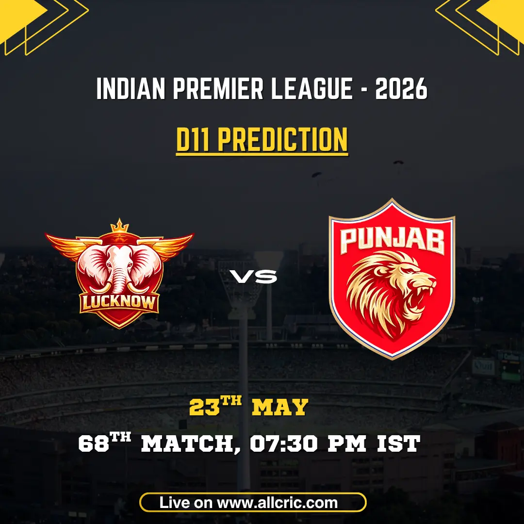 LSG vs PBKS Dream11 prediction today match IPL 2026 poster featuring Lucknow Super Giants vs Punjab Kings, D11 prediction, 68th match on May 23 at 7:30 PM IST.