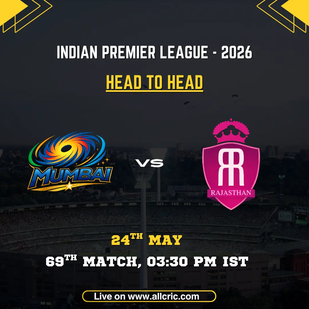 MI vs RR head to head today IPL 2026 poster featuring Mumbai Indians vs Rajasthan Royals, 69th match on May 24 at 3:30 PM IST.