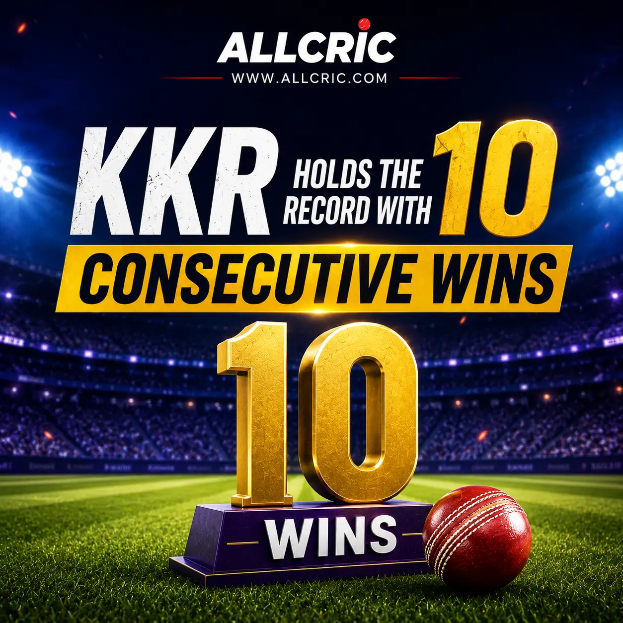 KKR most consecutive wins in IPL history graphic showing Kolkata Knight Riders holding the record with 10 straight IPL wins across 2014 and 2015.