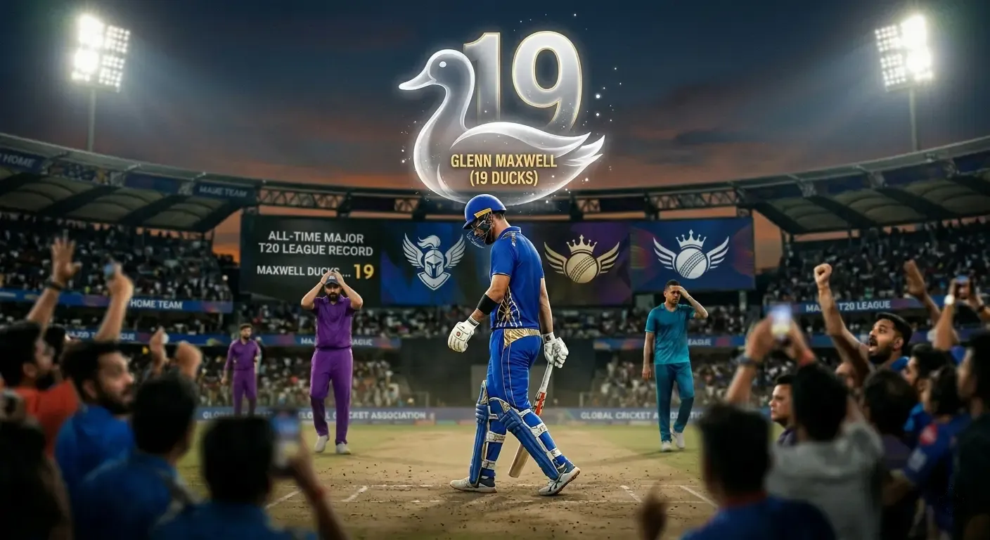 Most ducks in IPL history graphic showing Glenn Maxwell with 19 ducks, the highest all-time IPL record, with a stadium scoreboard and cricket crowd background.