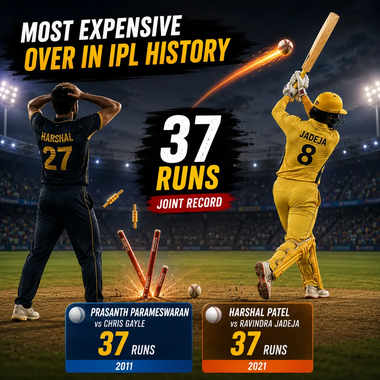 Most expensive over in IPL history graphic showing the joint record of 37 runs, featuring Prasanth Parameswaran vs Chris Gayle in 2011 and Harshal Patel vs Ravindra Jadeja in 2021.