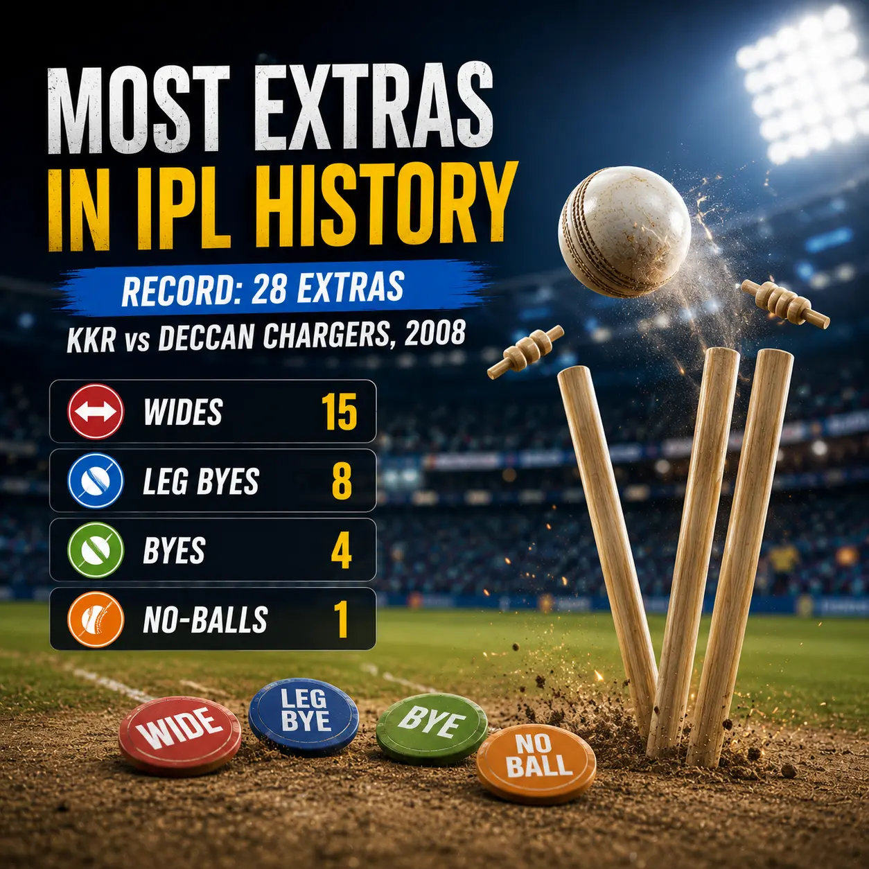 Most extras in IPL history graphic showing KKR’s record 28 extras conceded against Deccan Chargers in 2008, including 15 wides, 8 leg byes, 4 byes, and 1 no-ball.