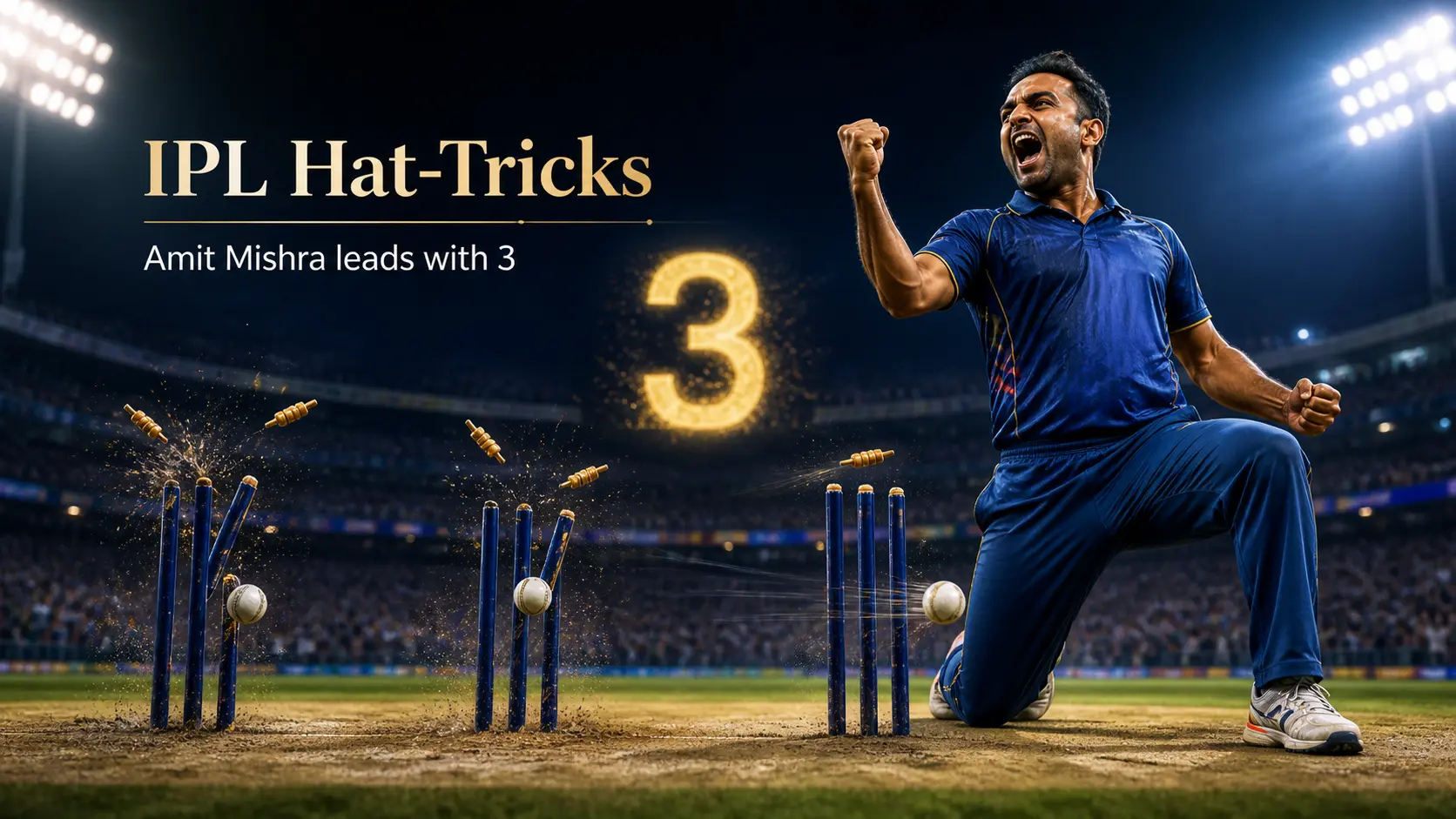 Most hat tricks in IPL history graphic showing Amit Mishra as the record holder with 3 IPL hat-tricks, featuring a bowler celebrating with broken stumps in a stadium.